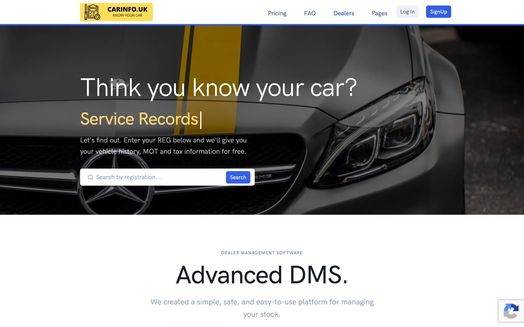 The CarInfoUK landing page: a registration lookup over the hero image, above the dealer management section