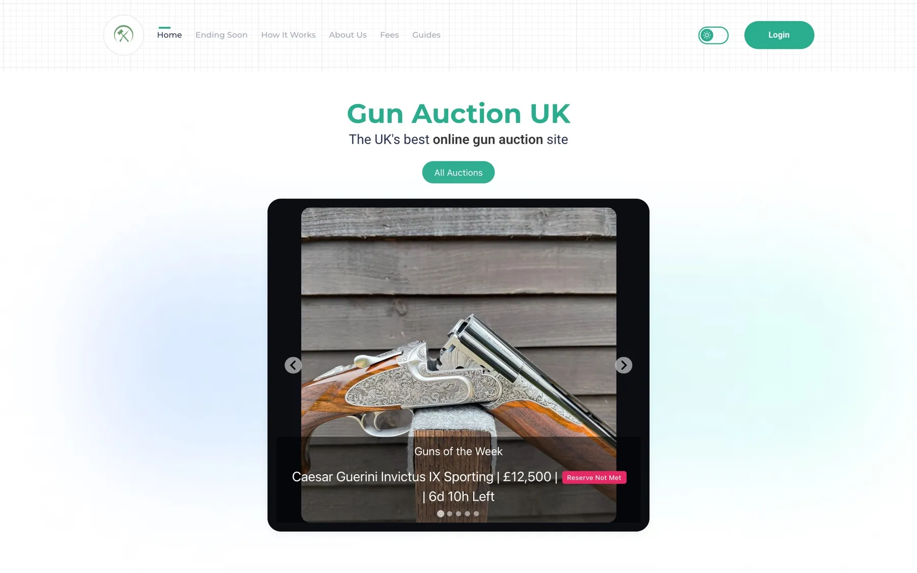 The Gun Auction UK home page, showing the guns of the week carousel with a current lot and time remaining