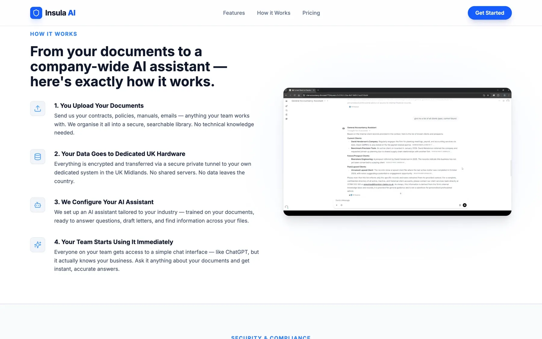 The Insula AI “how it works” section: upload documents, data goes to dedicated UK hardware, the assistant is configured, the team asks it questions. Beside it, the chat interface answering from a firm’s own records